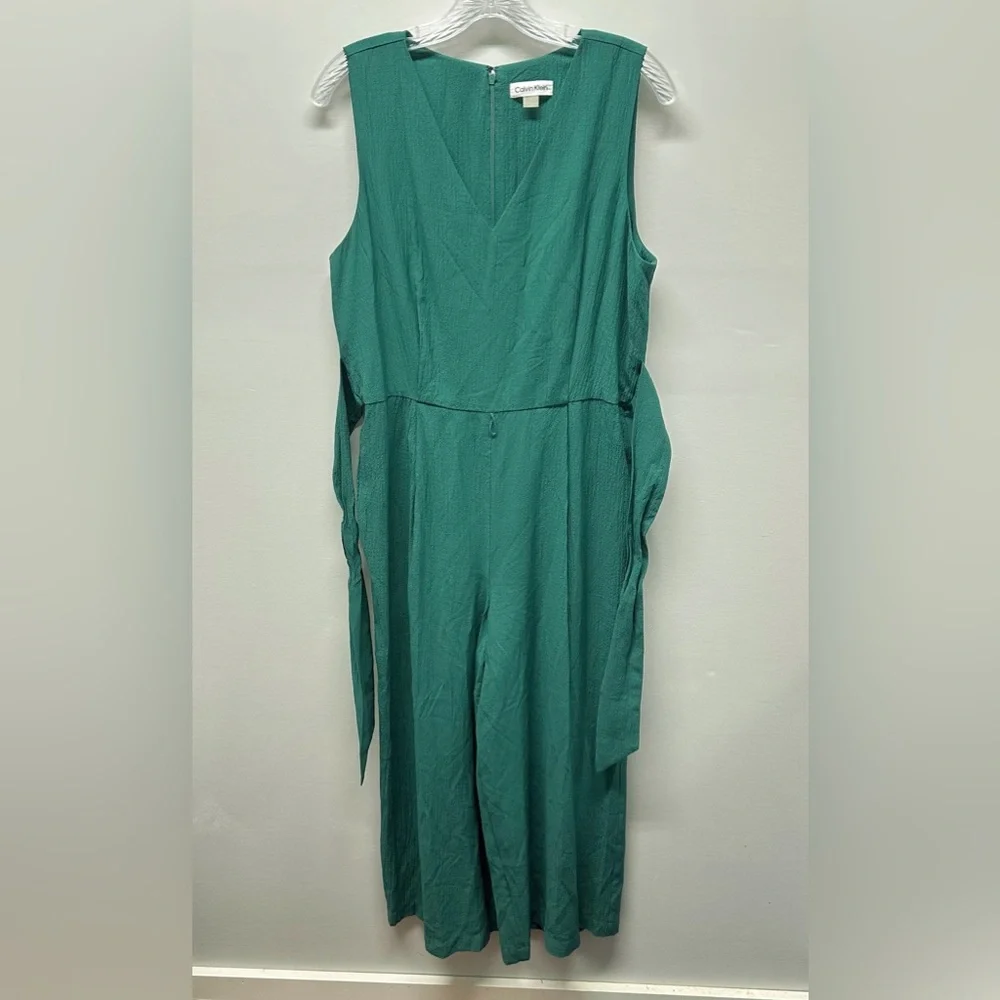 Calvin Klein Sleeveless Wide Leg Jumpsuit | Green, V-Neck, Tie belt, Crepe Sz 14 - Picture 5 of 16